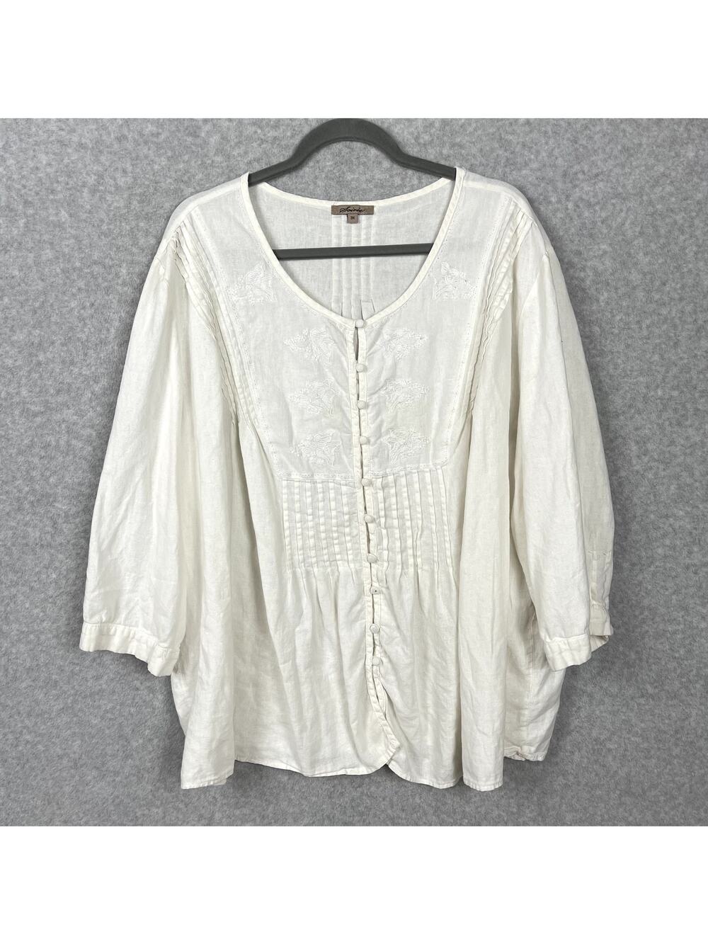 Soiree Linen Blouse Size 3X White Embroidered Button Down Boho Cottage Pintuck